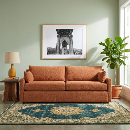 Ricci Sofa in Rhine Terracotta styled in Portland living room - Whats New Furniture