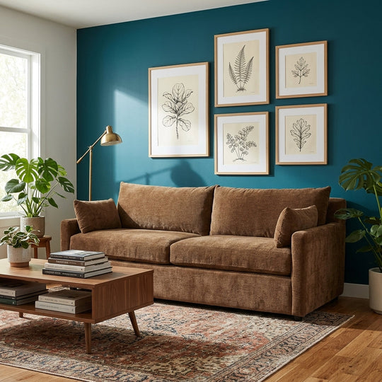 Ricci Sofa in Serenity Desert Palm styled in Portland living room - Whats New Furniture