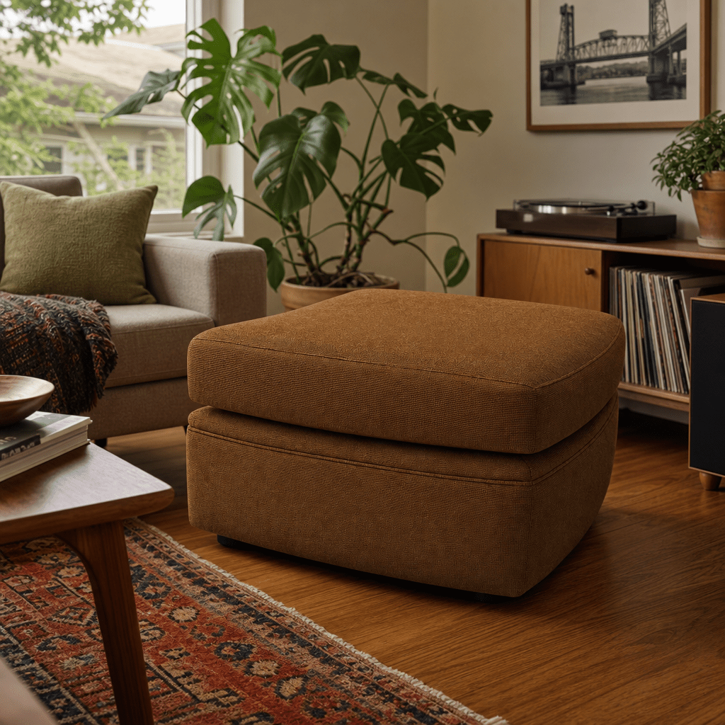 Whirl Ottoman in Nexus Toffee styled in a Portland home - Whats New Furniture