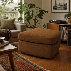 Whirl Ottoman in Nexus Toffee styled in a Portland home - Whats New Furniture