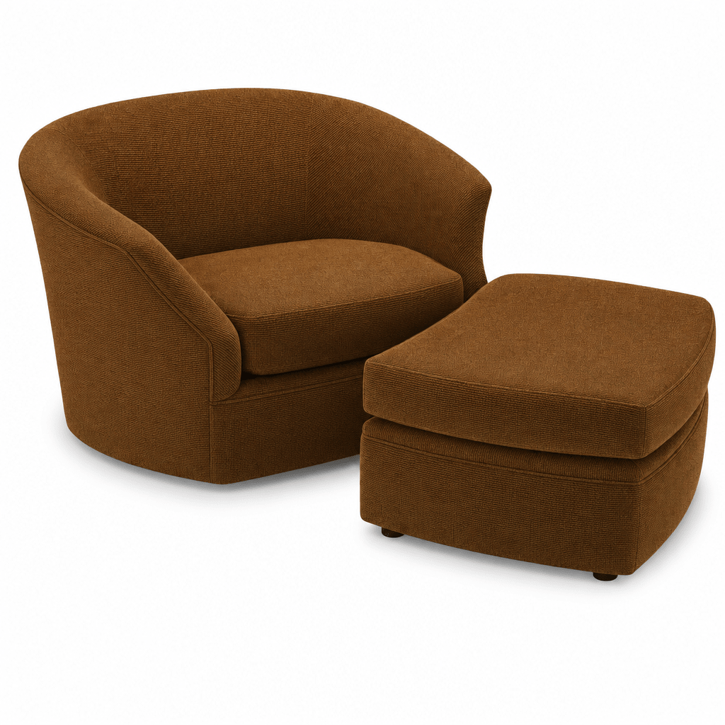 Whirl Swivel Chair in Nexus Toffee front view - swivel barrel chair by Stylus - Whats New Furniture Portland OR