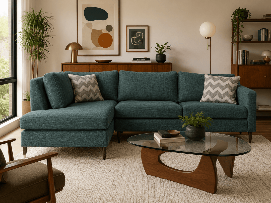 Wilson Open Chaise Sectional in Nile Ocean lifestyle setting - mid-century open-chaise sectional by Stylus - Whats New Furniture Portland OR