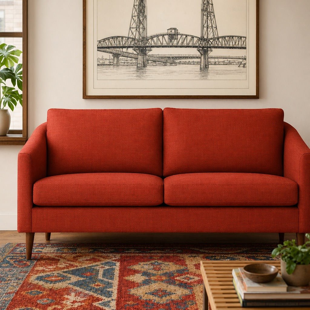 Wilson Retro-Inspired Apartment Sofa in Rust styled in a bright mid-century modern Portland living room - Whats New Furniture