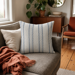Sugar and Spice Indigo Cut-Yarn Throw Pillow styled in a Portland Hawthorne bungalow living room lifestyle - Whats New Furniture