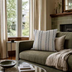 Sugar and Spice Indigo Cut-Yarn Throw Pillow styled in a Portland Alberta Arts sitting room lifestyle - Whats New Furniture