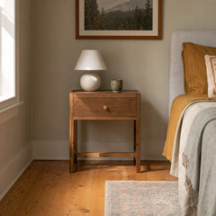 Sullivan Small Nightstand in Saddle Tan styled in Portland St. Johns bungalow bedroom - Whats New Furniture