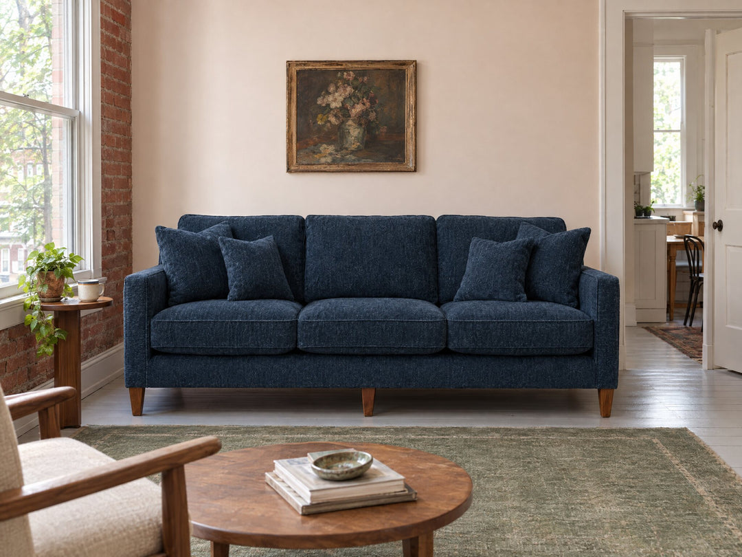 Summit Sofa in Lush Marine styled in an Alphabet District walk-up apartment - Whats New Furniture Portland OR