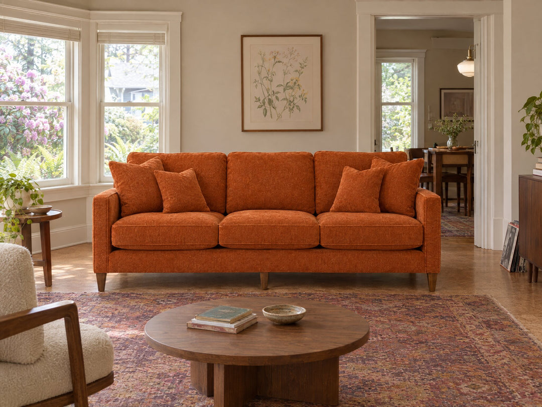 Summit Sofa in Lush Papaya styled in a Sellwood foursquare sitting room - Whats New Furniture Portland OR