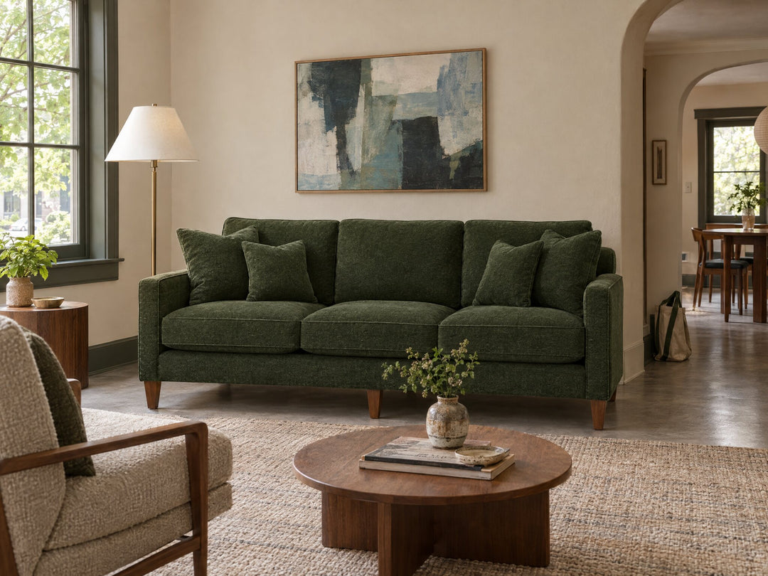 Summit Sofa in Rizz Moss styled in a 1930s SW Portland Tudor cottage - Whats New Furniture Portland OR