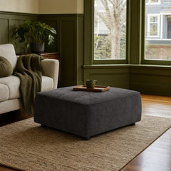 Sunny Square Upholstered Ottoman Dark Charcoal styled in Portland NW 23rd Victoriwith a bay window living room - What&