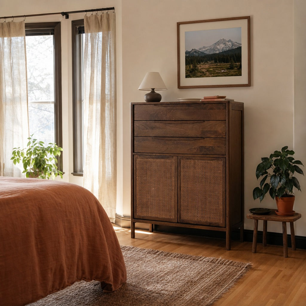 Sydney Tall Dresser in Brown Wash styled in Portland Montavilla cottage bedroom - Whats New Furniture