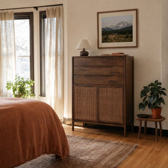 Sydney Tall Dresser in Brown Wash styled in Portland Montavilla cottage bedroom - Whats New Furniture