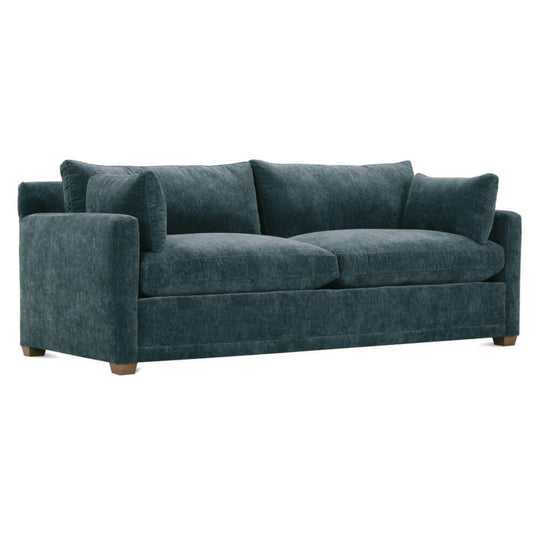 Sylvie Sofa in Federal Blue three-quarter angle showing bolster arms - Rowe - Whats New Furniture Portland OR