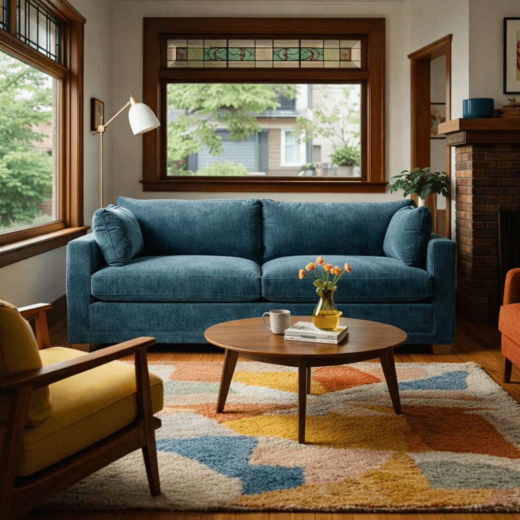 Sylvie Sofa in Federal Blue styled in a Portland living room - Rowe - Whats New Furniture