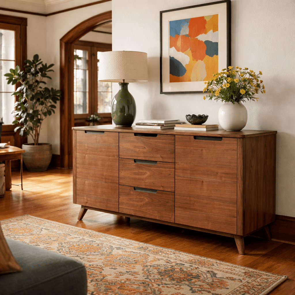 Tahoe Sideboard in walnut side angle - mid-century walnut sideboard by Unique Furniture - Whats New Furniture Portland OR