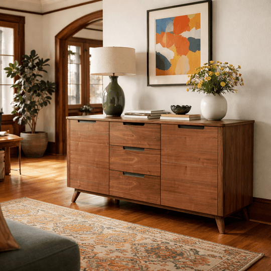 Tahoe Sideboard in walnut side angle - mid-century walnut sideboard by Unique Furniture - Whats New Furniture Portland OR