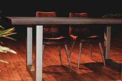 Taj Dining Table in Vinegar Acrylic Matte alternate lifestyle setting - acacia and iron dining table by LH Imports - Whats New Furniture Portland OR