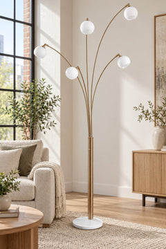 Taliya Arc Lamp in Champagne/White styled in a Portland home — lifestyle view