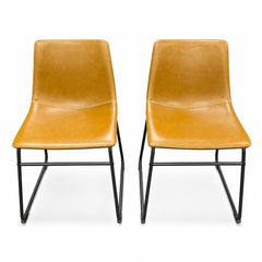Tan mid-century dining chair with a sculpted solid-wood frame and tapered legs