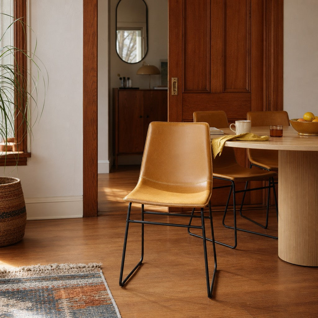 Tan mid-century dining chair with a sculpted solid-wood frame and tapered legs - view 2
