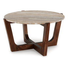 Tanidore Cocktail Table in Warm Brown - round marble coffee table by Ashley - Whats New Furniture Portland OR