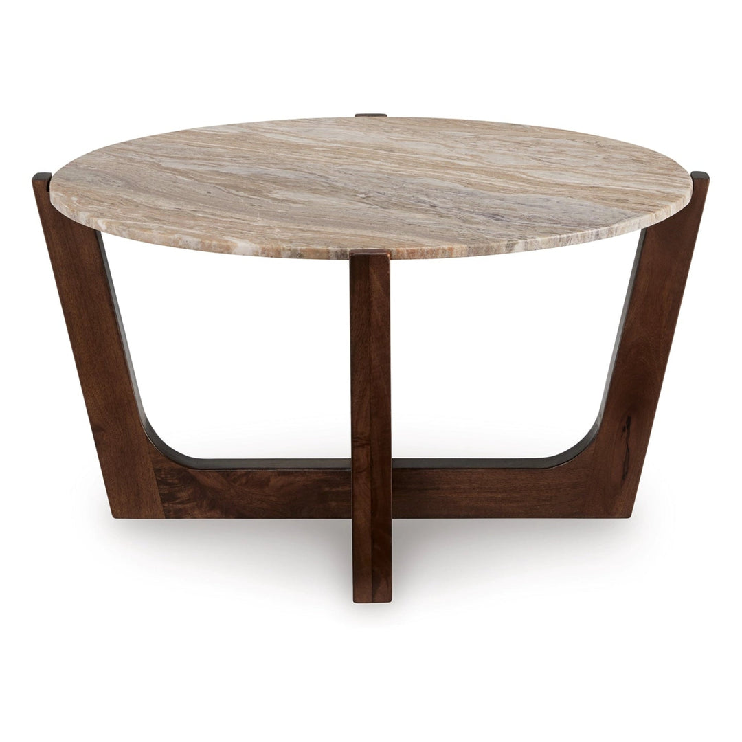Tanidore Cocktail Table in Warm Brown front view - round marble coffee table by Ashley - Whats New Furniture Portland OR