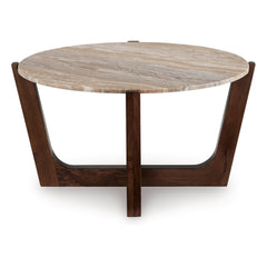 Tanidore Cocktail Table in Warm Brown front view - round marble coffee table by Ashley - Whats New Furniture Portland OR