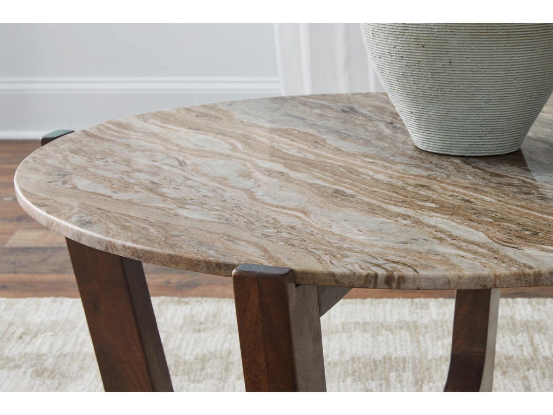 Tanidore Cocktail Table in Warm Brown marble detail - round marble coffee table by Ashley - Whats New Furniture Portland OR