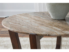 Tanidore Cocktail Table in Warm Brown marble detail - round marble coffee table by Ashley - Whats New Furniture Portland OR
