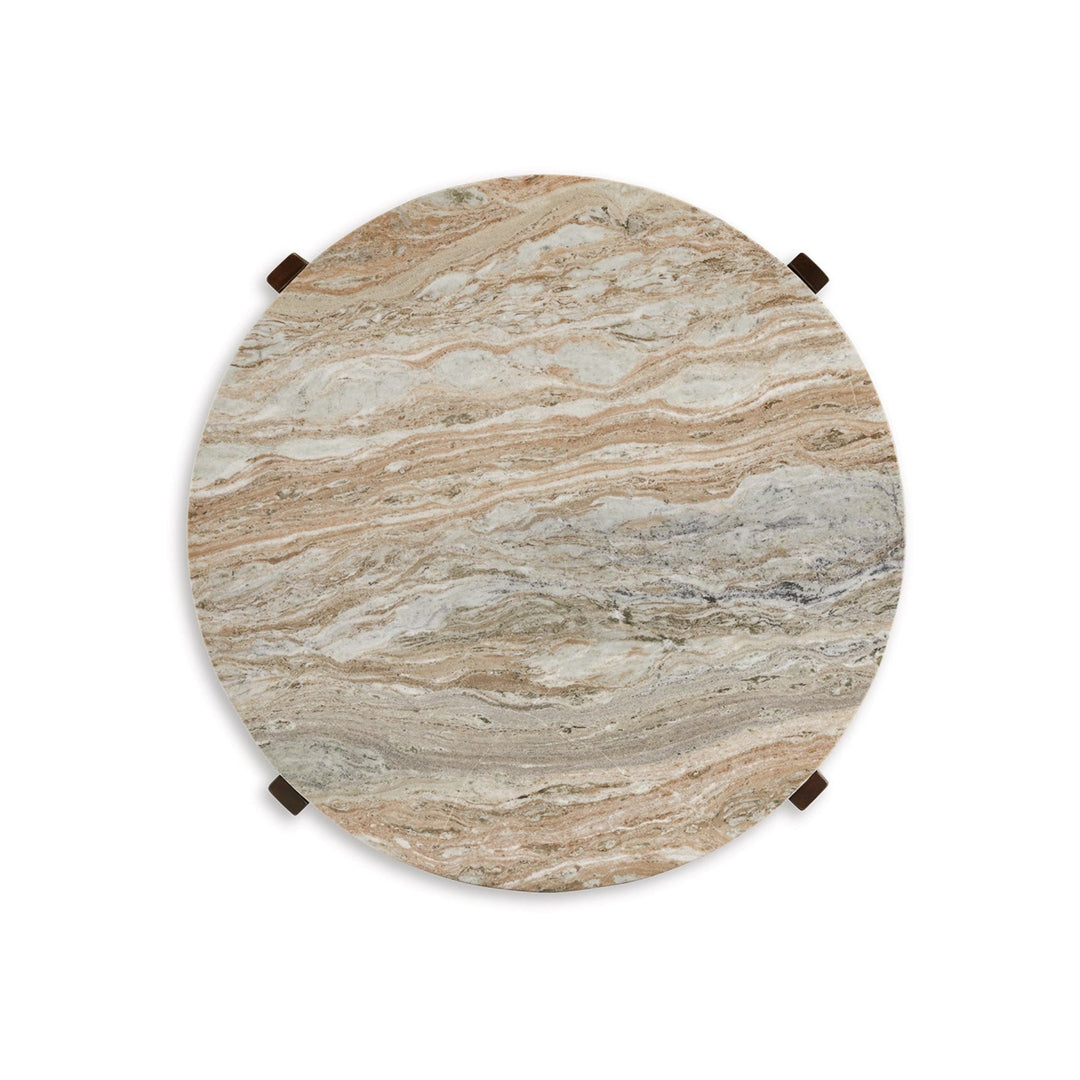 Tanidore Cocktail Table in Warm Brown top-down view - round marble coffee table by Ashley - Whats New Furniture Portland OR
