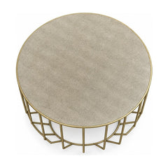 Taupe/Gold square coffee table with a metal frame and low profile.