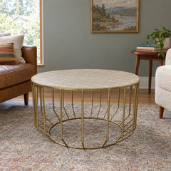 Taupe/Gold square coffee table with a metal frame and low profile. - detail view 1