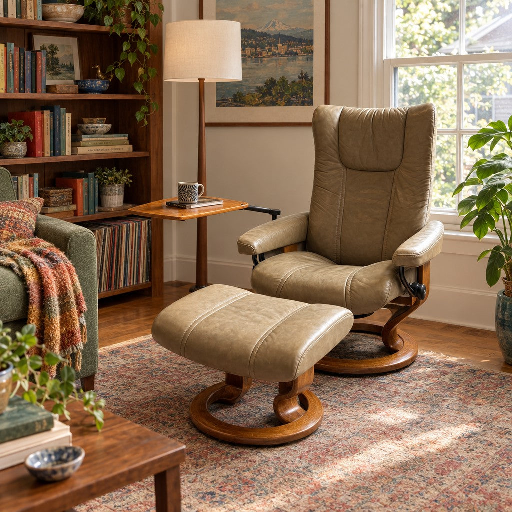 Taupe recliner with attached side table and mid-century silhouette. - detail view 1