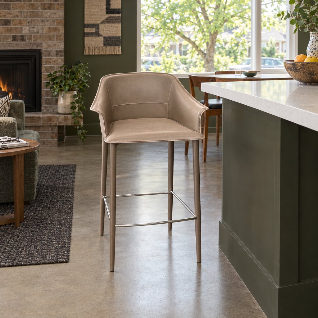 Set of 4 Recycled Leather Counter-Height Stools in Beige styled in a Portland home - Whats New Furniture