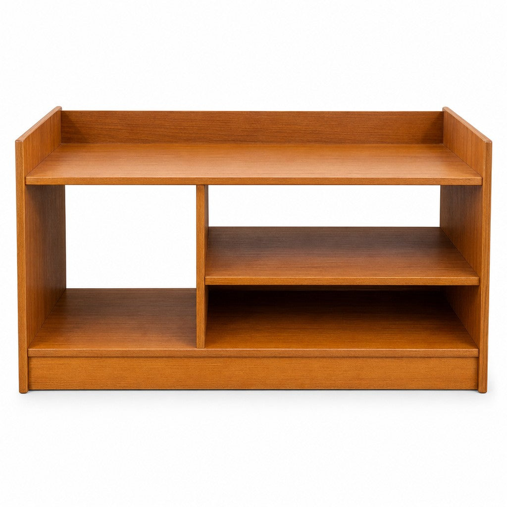 Teak brown mid-century entertainment center with clean low-slung lines and open shelving