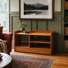 Teak brown mid-century entertainment center with clean low-slung lines and open shelving - view 2