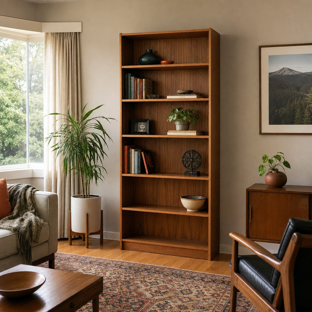 Teak Danish bookcase with tall slim frame and open shelving - view 2