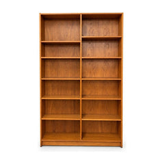 Teak Danish double bookshelf with two side-by-side vertical bays - Whats New Furniture Portland OR