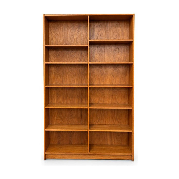 Teak Danish double bookshelf with two side-by-side vertical bays - Whats New Furniture Portland OR