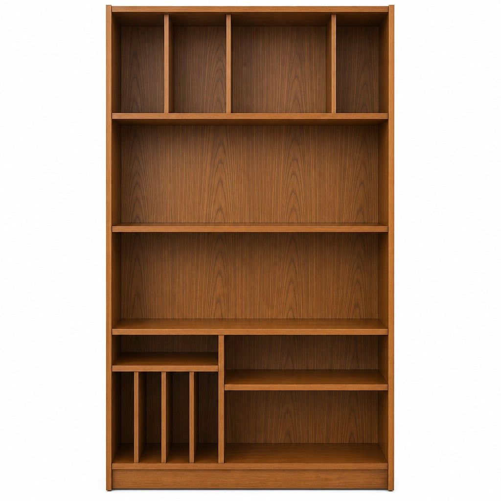 Teak mid-century bookcase with tall open shelving and clean vertical lines
