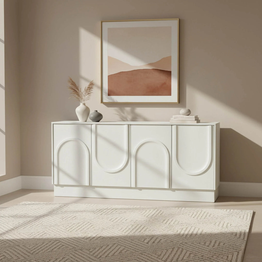 Tempo Sideboard in White Wash room setting - arched door sideboard by LH Imports - Whats New Furniture Portland OR
