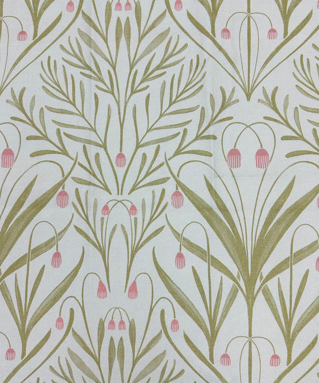 Tendril Basil botanical throw pillow fabric with green fronds and pink bell flowers on ivory by Decor Fifty-Five - Whats New Furniture Portland OR