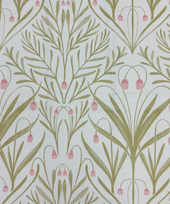 Tendril Basil botanical throw pillow fabric with green fronds and pink bell flowers on ivory by Decor Fifty-Five - Whats New Furniture Portland OR