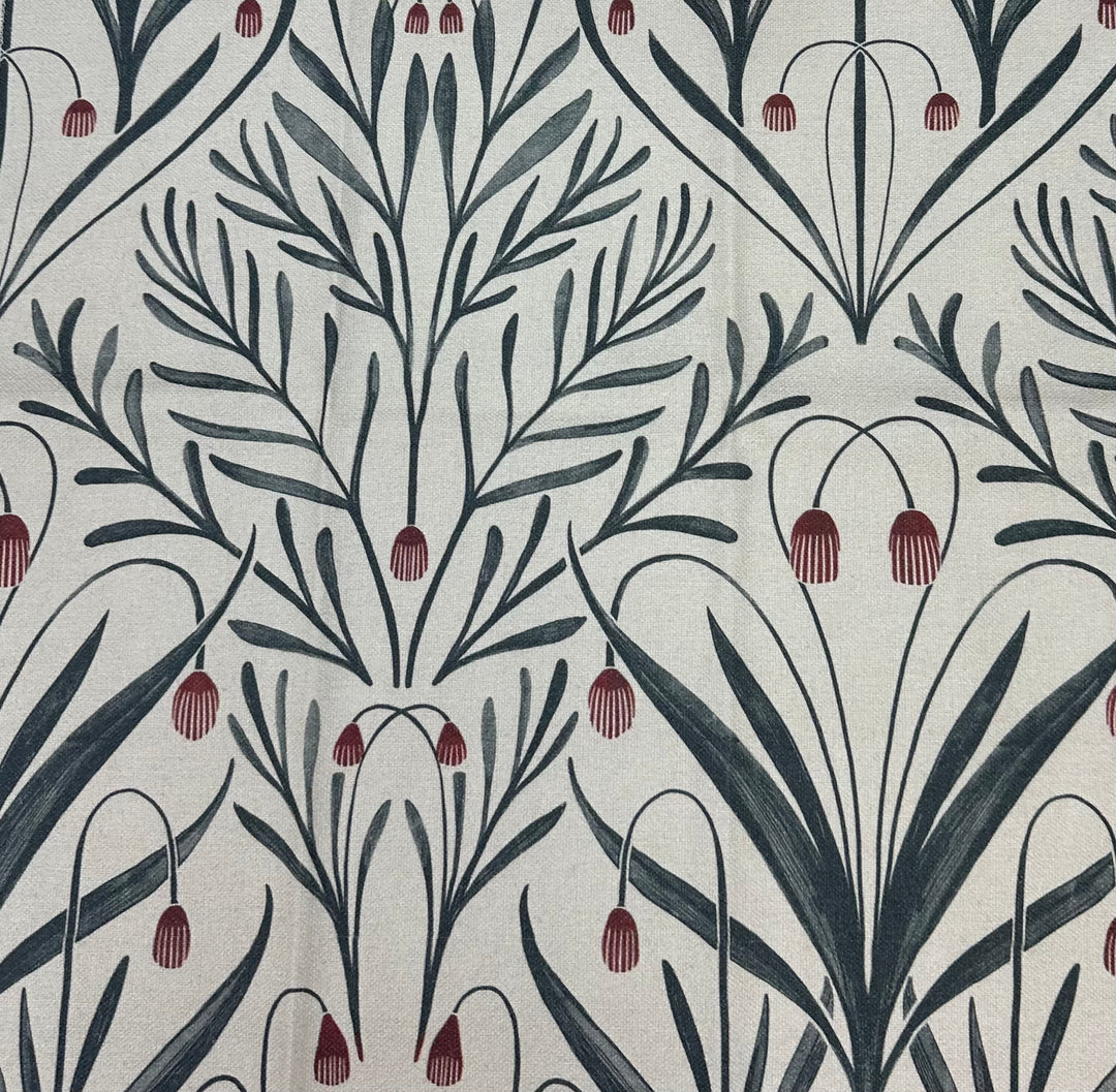 Tendril Williamsburg botanical throw pillow fabric with slate green fronds and red bell flowers on cream by Decor Fifty-Five - Whats New Furniture Portland OR