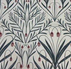 Tendril Williamsburg botanical throw pillow fabric with slate green fronds and red bell flowers on cream by Decor Fifty-Five - Whats New Furniture Portland OR