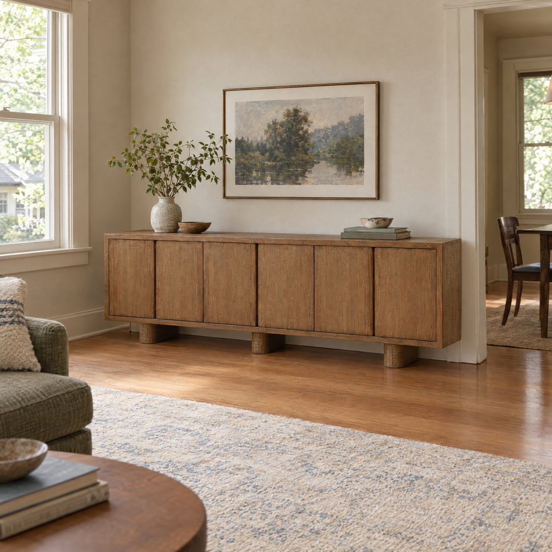 Thalia Sideboard - 6 Door Reclaimed Pine in Brown styled in a Portland home - Whats New Furniture