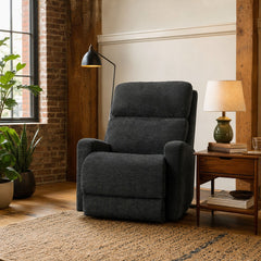 Thurman Power Lift Recliner in Polar Midnight styled in a Portland warm brick loft living room — What&