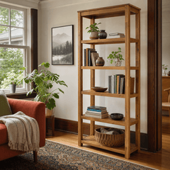 Tiburon KD Book Shelf in amber acacia corner detail - acacia 5-shelf bookcase by NPD - Whats New Furniture Portland OR