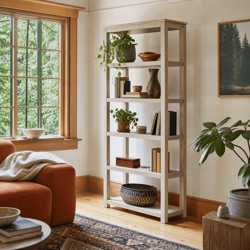 Tiburon KD Book Shelf in Drifted Sand alternate angle - acacia 5-shelf bookcase by NPD - Whats New Furniture Portland OR