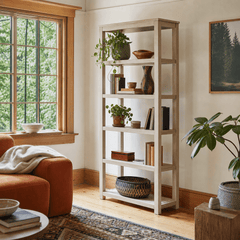 Tiburon KD Book Shelf in Drifted Sand alternate angle - acacia 5-shelf bookcase by NPD - Whats New Furniture Portland OR